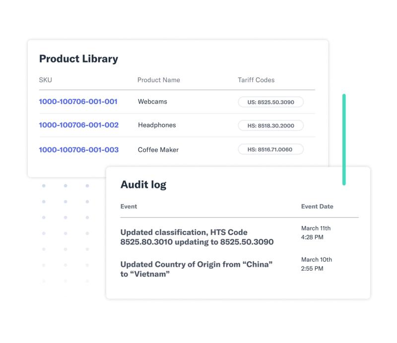 Flexport Product Library screen listing SKUs with tariff codes beside an audit log of classification changes