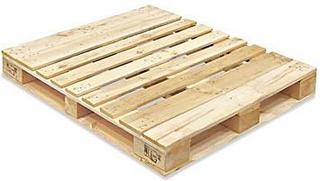 A wooden shipping pallet with slatted top deck boards and stringer blocks underneath for forklift entry.