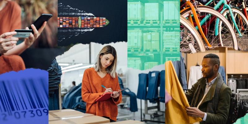 Collage of supply chain scenes: mobile payment, cargo ship, warehouse, bikes, worker in apparel factory