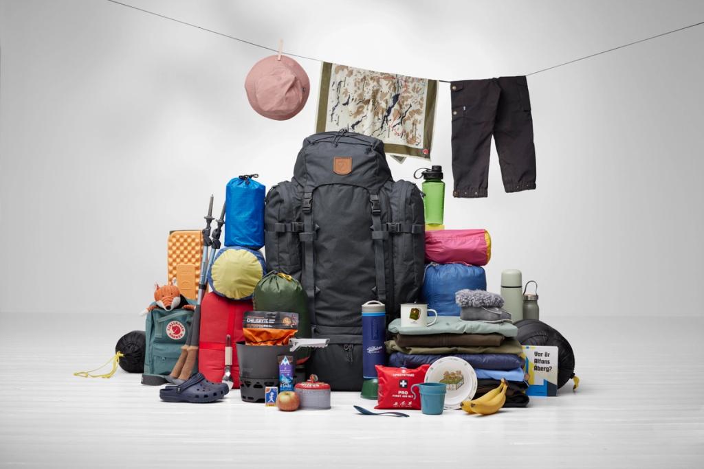 Fjällräven backpack surrounded by camping and outdoor gear arranged on a white floor