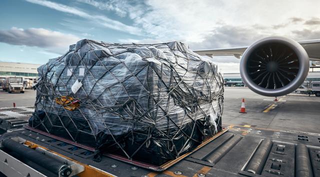 Netted, shrink-wrapped air cargo pallet on a loading dock beside a jet engine and wing on an airport tarmac
