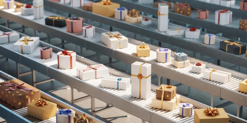 Many wrapped gift boxes with ribbons and bows travel along parallel roller conveyor belts.