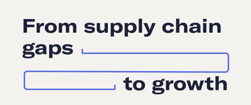 Minimal typographic title card on a beige background reading 'From supply chain gaps to growth' with blue line graphics