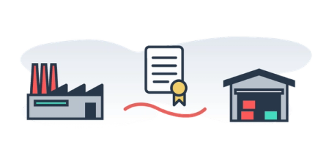 A factory and a warehouse linked by a curving route line, with a sealed shipping document between them.