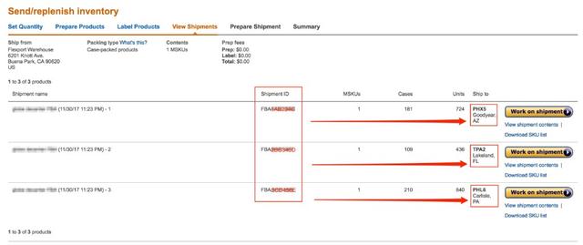 Amazon Seller Central View Shipments screen showing one shipment plan split into three rows, each with a different FBA Shipment ID and destination fulfillment center: PHX5 Goodyear AZ, TPA2 Lakeland FL, and PHL6 Carlisle PA.