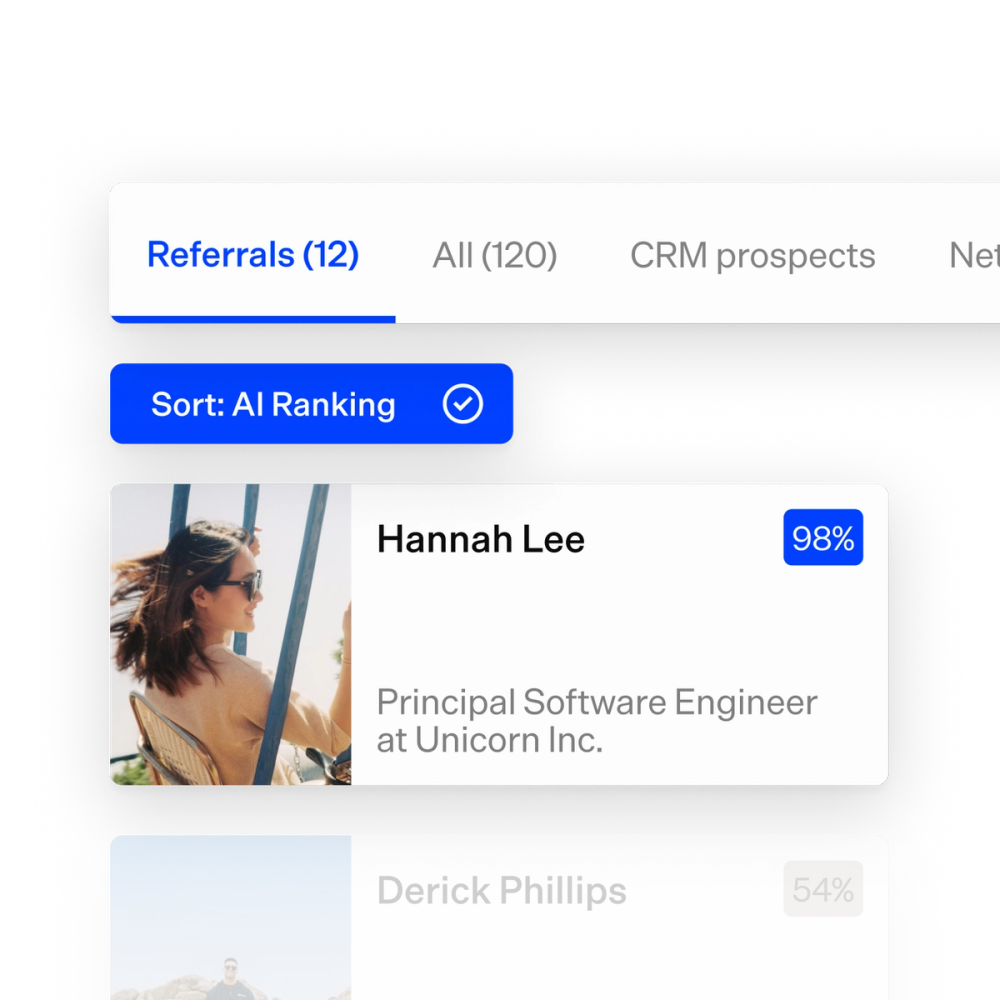 Gem AI ranking interface sorting referral candidates by AI score, with a 98% match at the top and a 54% match below