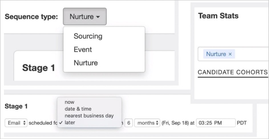 Gem’s Nurture feature allows recruiters to craft a message or a nurture sequence and schedule it to go out well past the initial outreach sequence, whether at a specific date and time (“July 17th at 7:35 AM”), or at a relative later time period (“in 6 months”).