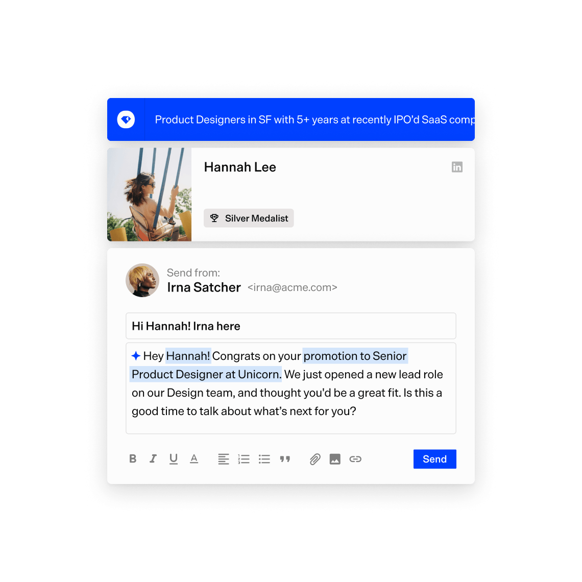 Gem outreach composer with a silver medalist candidate card and an AI-personalised email congratulating the candidate on a promotion