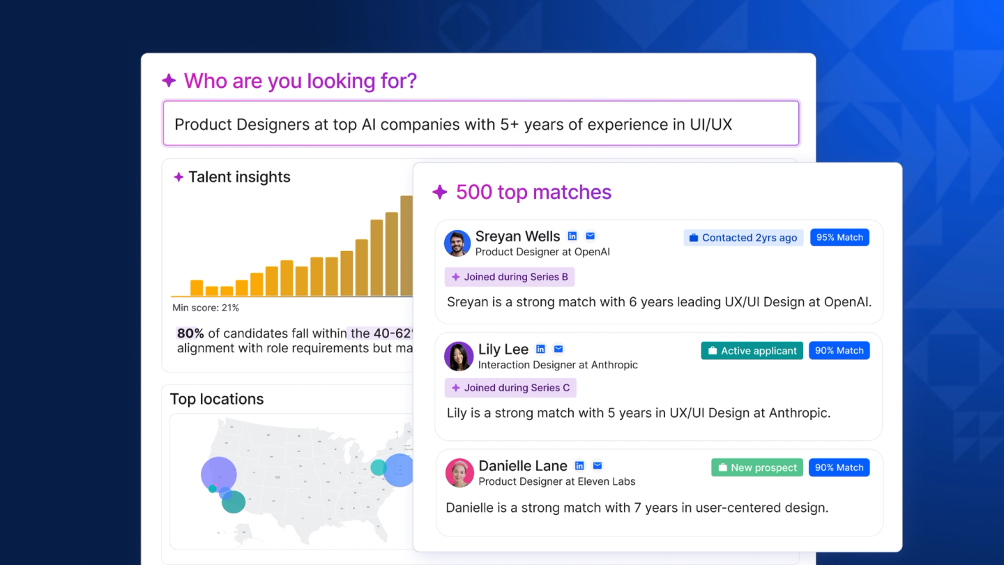 Gem AI agent dashboard showing sourcing, insights, rediscovery and inbound review agents working across a recruiting pipeline