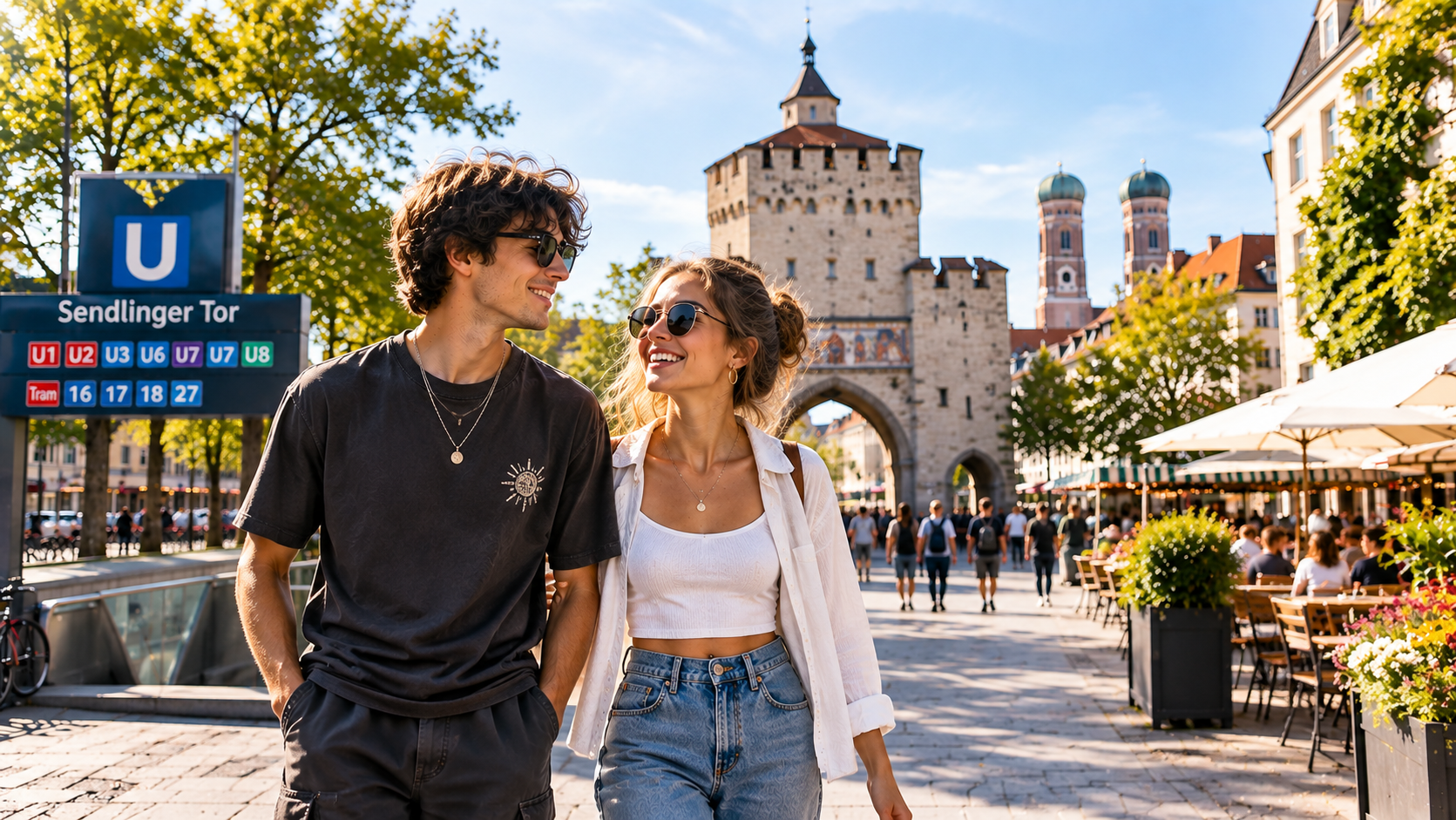 Junges Paar erkundet das Sendlinger Tor in München mit dem historischen Stadttor und den Türmen der Frauenkirche im Hintergrund.