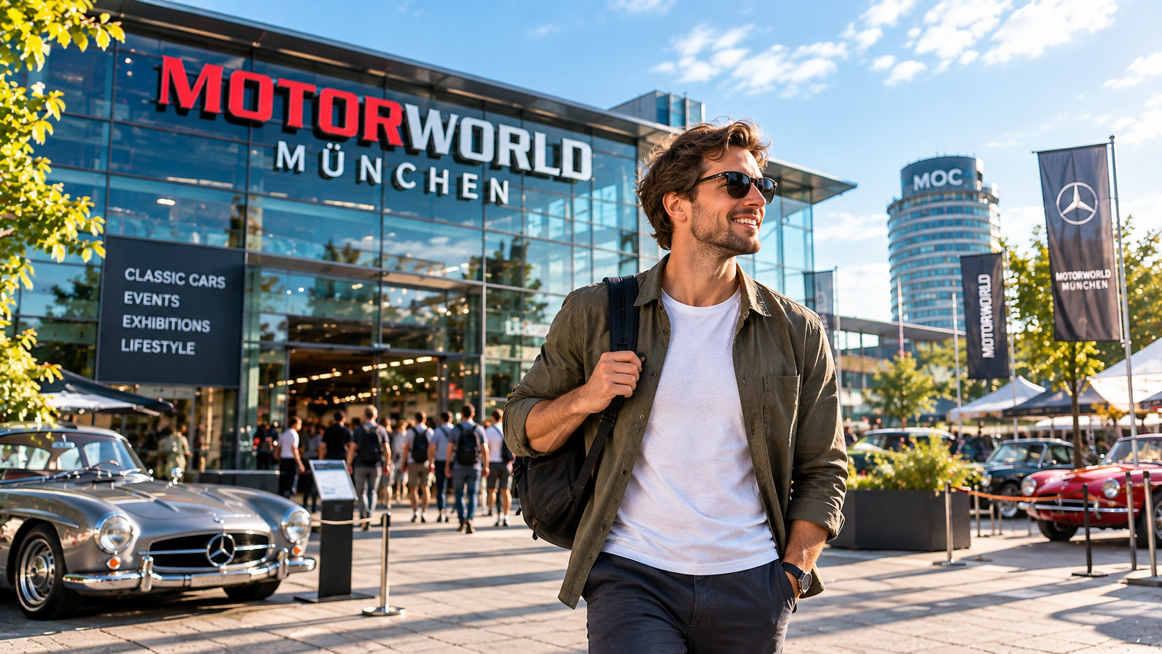 Mann ohne Gepäck vor dem Motorworld München mit klassischen Autos und Besuchern im Hintergrund.