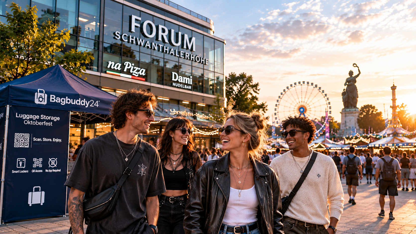 Young people outside the Forum shopping centre in Munich, next to the Bagbuddy24 luggage storage pop-up tent