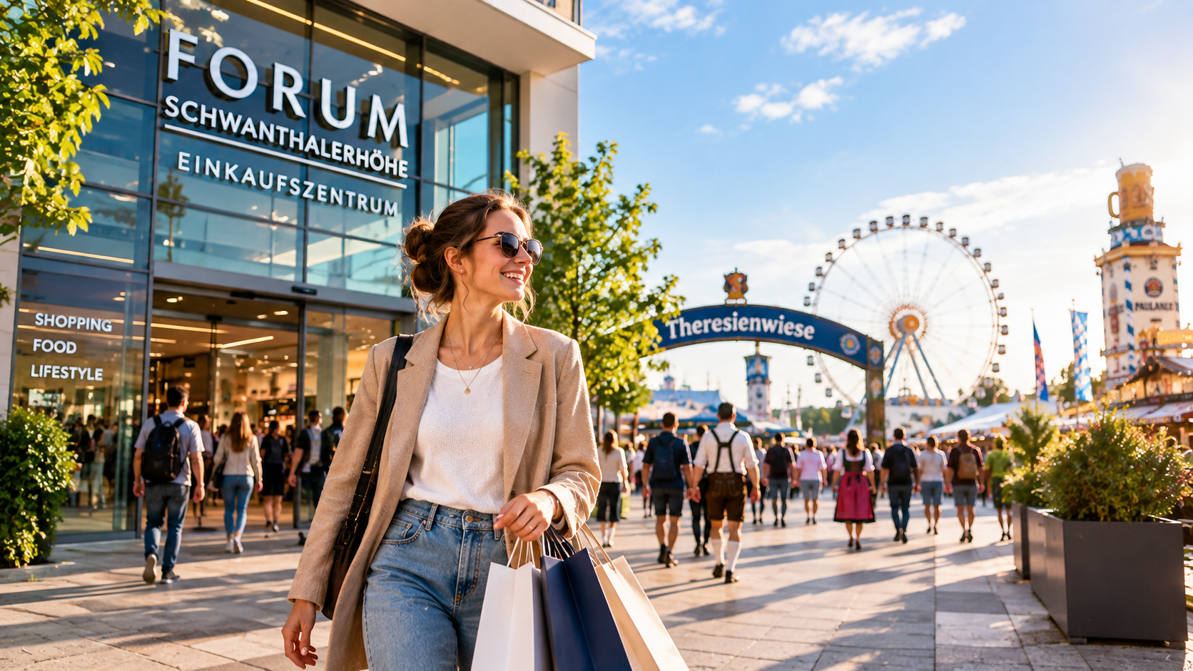 Woman carrying shopping bags outside Munich Forum Schwanthalerhöhe near Theresienwiese and Oktoberfest.