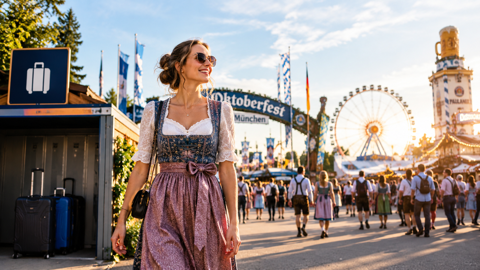 Reisende in Tracht spaziert ohne Gepäck über das Münchner Oktoberfest, im Hintergrund Bierzelte und Riesenrad.