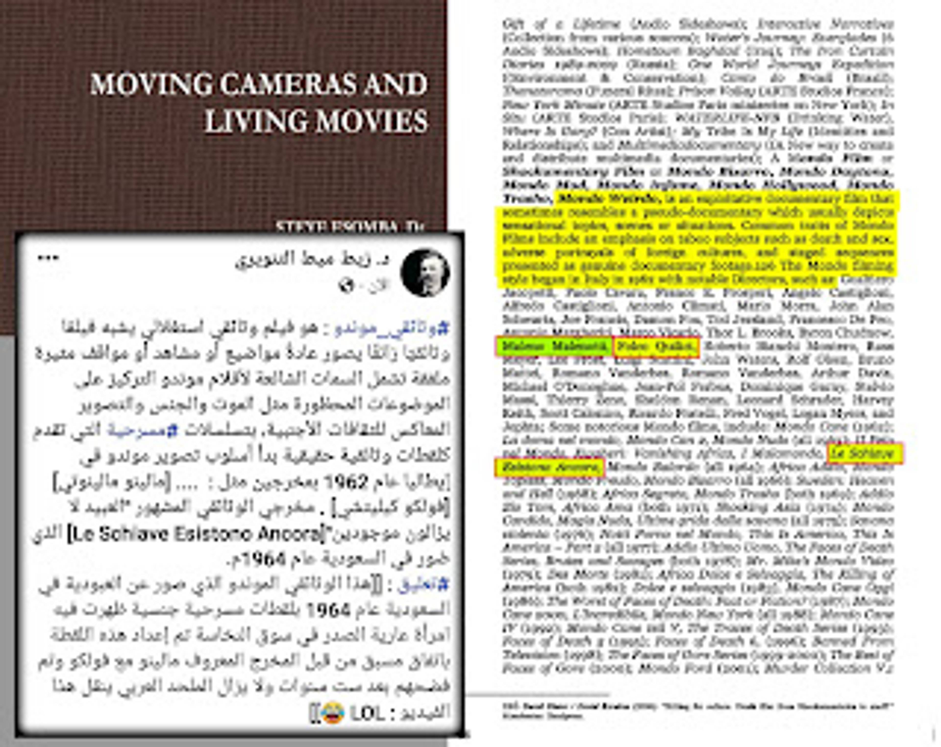 وثائقي موندو هو فيلم وثائقي استغلالي يشبه فيلمًا وثائقيًا زائفًا يصور عادةً مواضيع أو مشاهد أو مواقف مثيرة ملفقة وتشمل السمات الشائعة لأفلام موندو التركيز على الموضوعات المحظورة مثل الموت والجنس والتصوير المعاكس للثقافات الأجنبية بتسلسلات مسرحية والتي تقدم كلقطات وثائقية حقيقية بدأ أسلوب تصوير موندو في إيطاليا عام 1962 من قبل مخرجين بارزين مثل :  ثم ذكر عدد مخرجين من الذين كانوا يصنعون وثائقيات وأفلام Mondo تحتوي على لقطات زائفة ومسرحية مزورة وذكر المخرج [مالينو مالينوتي] + المخرج [فولكو كيليتشي] وهؤلاء هم المخرجين الوثائقيين الذين قاموا بتصوير هذا الوثائقي في السعودية وقال بعد هذا : وثائقيات موندو ذو سمعة سيئة رديئة : وذكر الوثائقي [Le Schiave Esistono Ancora]