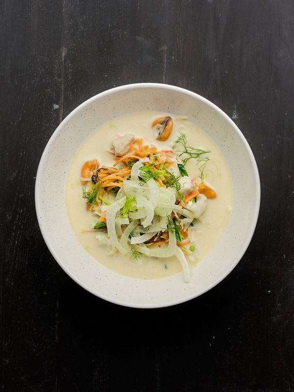 Blåskjell- og fiskesuppe