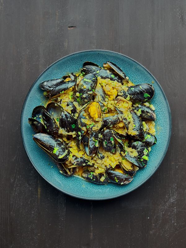 Blåskjell, rød curry og kokos