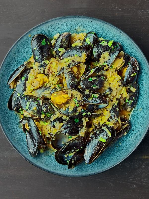 Blåskjell, rød curry og kokos