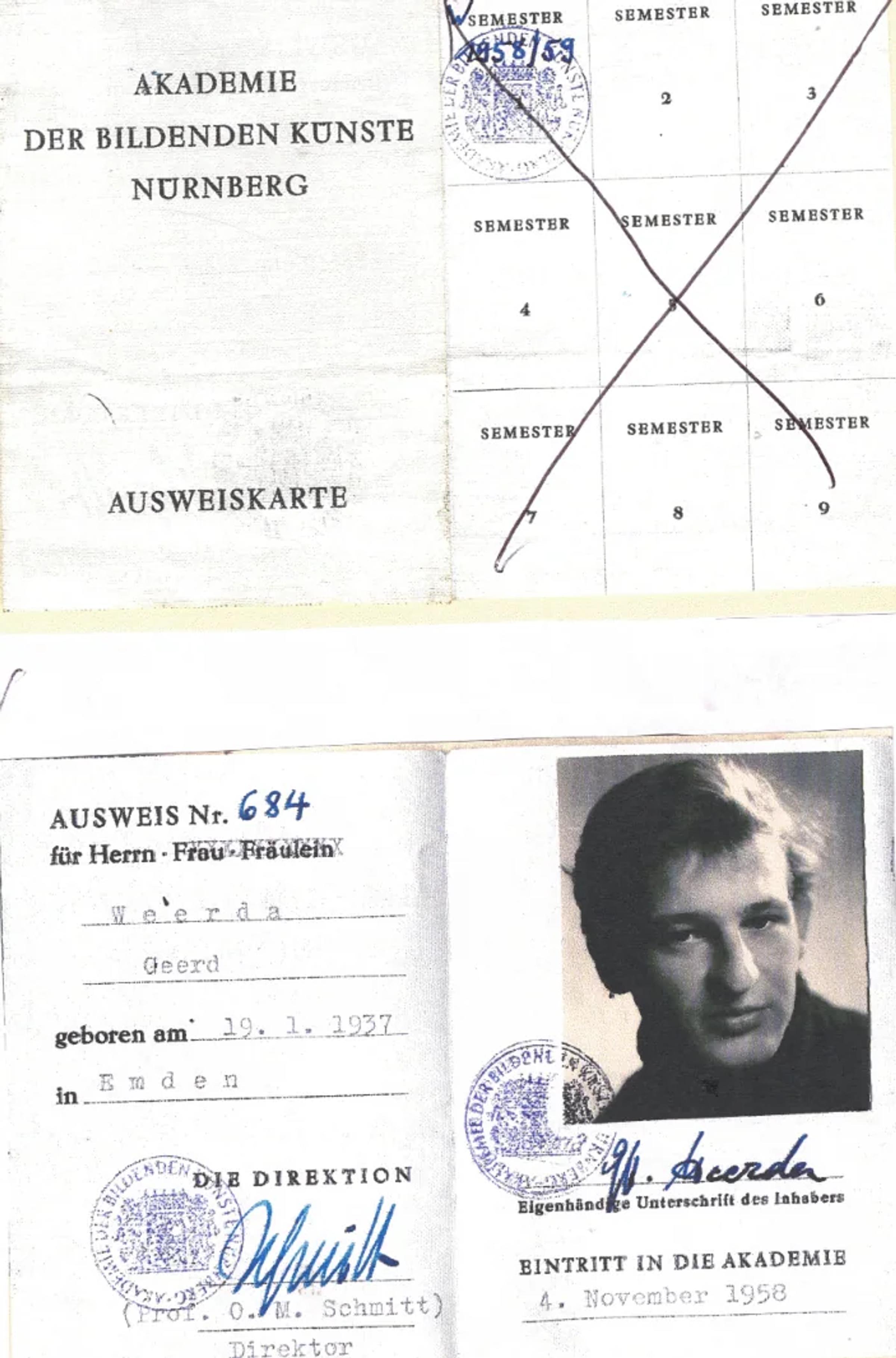 Studentenausweis der Kunstakademie Nürnberg von Hilko Weerda, 1958