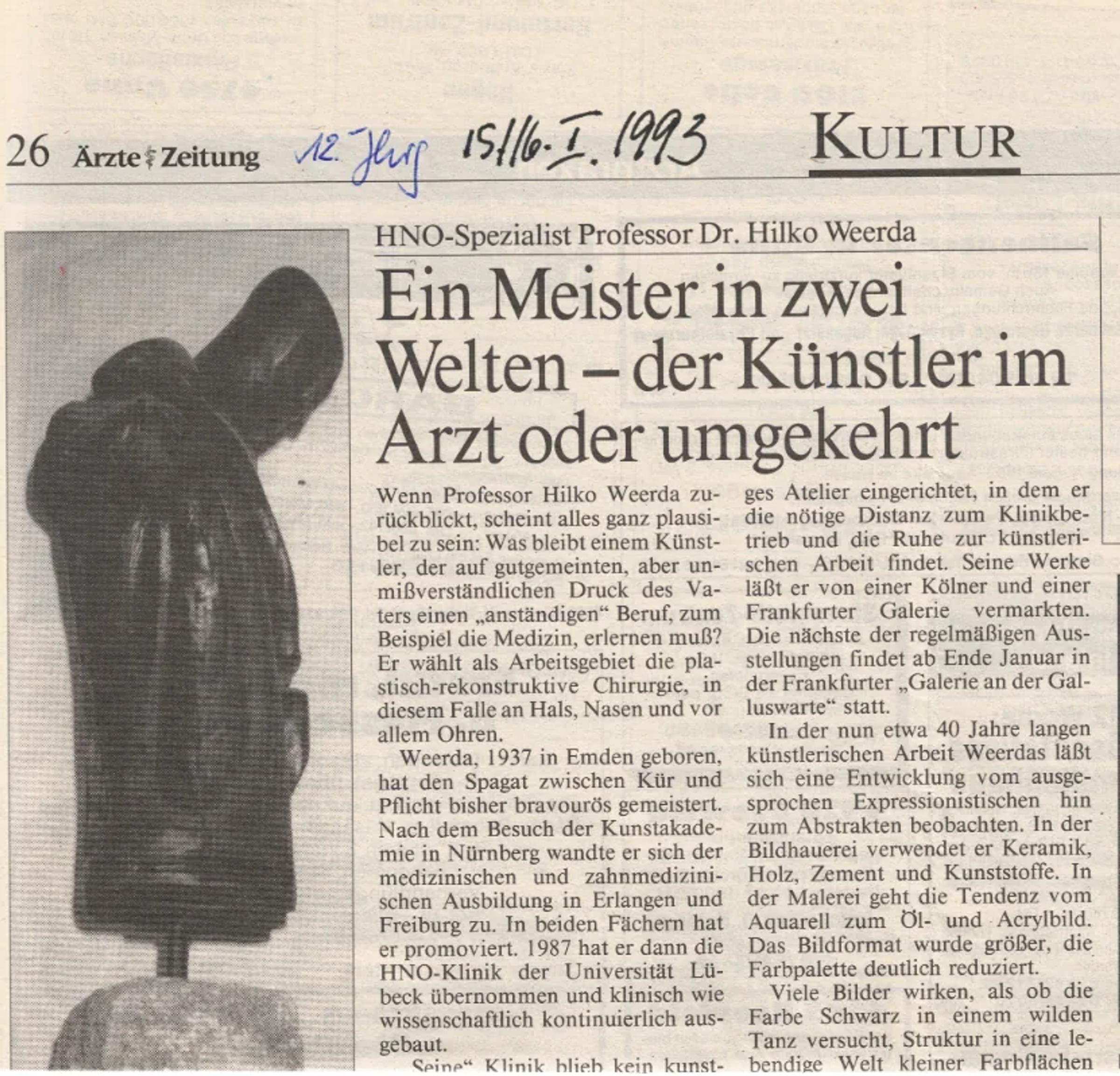 Zeitungsartikel Ein Meister in zwei Welten über Hilko Weerda, 1993