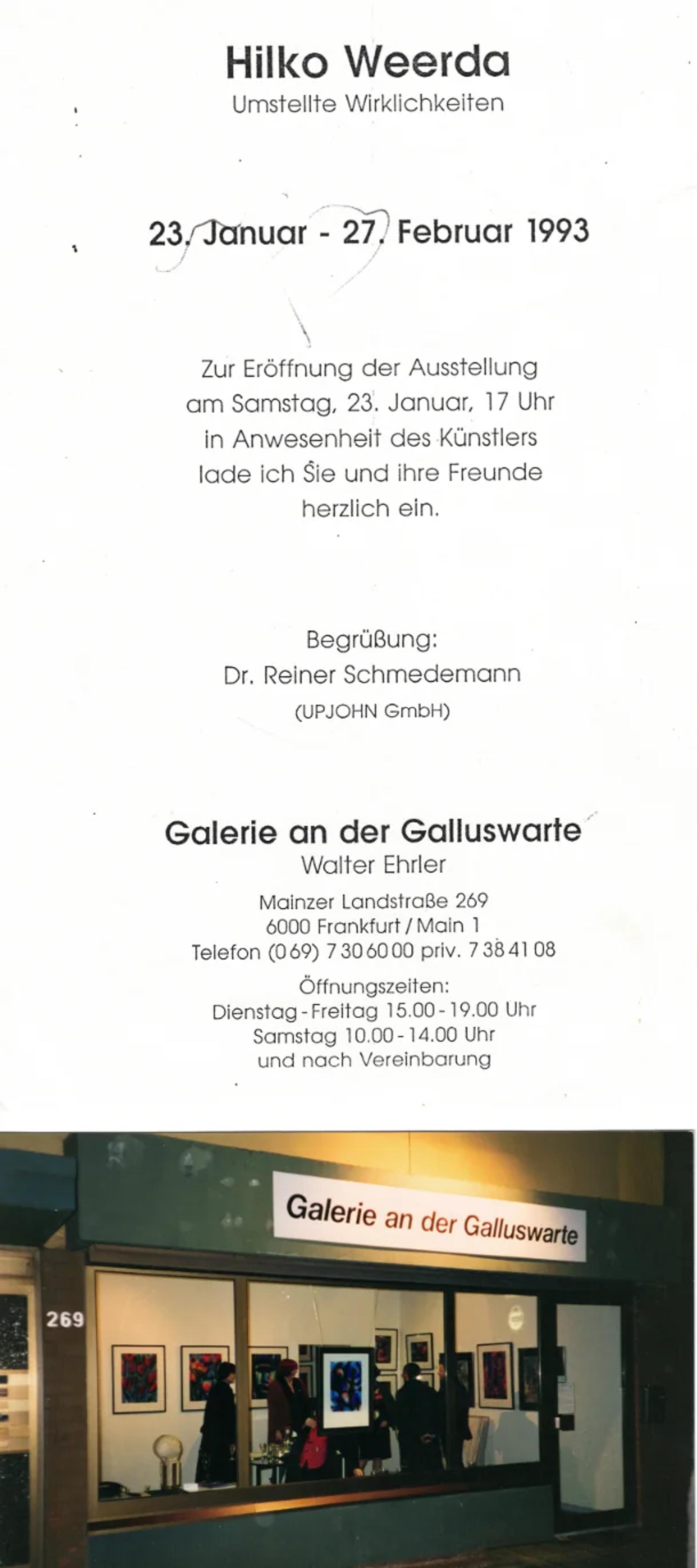 Einladung und Außenansicht der Galerie an der Galluswarte, Frankfurt, 1993