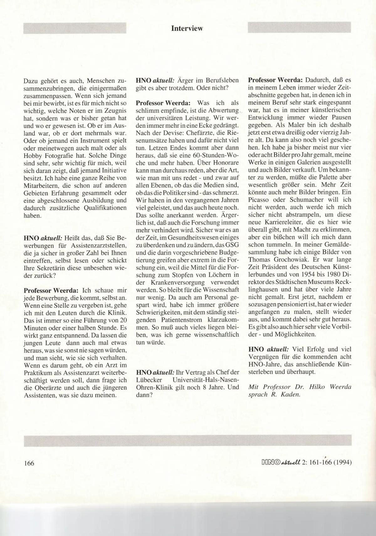 Interview mit Hilko Weerda von R. Kaden, HNO aktuell, Seite 166. Die rechte Spalte erwähnt Gemälde von Thomas Grochowiak in seiner Sammlung.