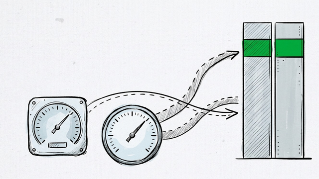 Hand-drawn sketch of two mismatched score dials feeding into one vertical ranked stack, with a dimmed high-volume lane beside a brighter risk lane.