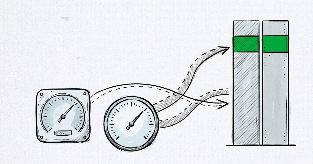 Hand-drawn sketch of two mismatched score dials feeding into one vertical ranked stack, with a dimmed high-volume lane beside a brighter risk lane.