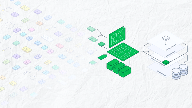 Editorial illustration showing repetitive API administration tasks resolving into a structured specification and automated gateway-to-data workflow.