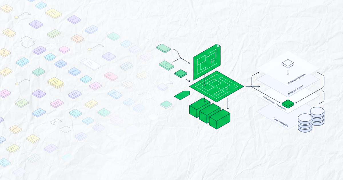 Editorial illustration showing repetitive API administration tasks resolving into a structured specification and automated gateway-to-data workflow.