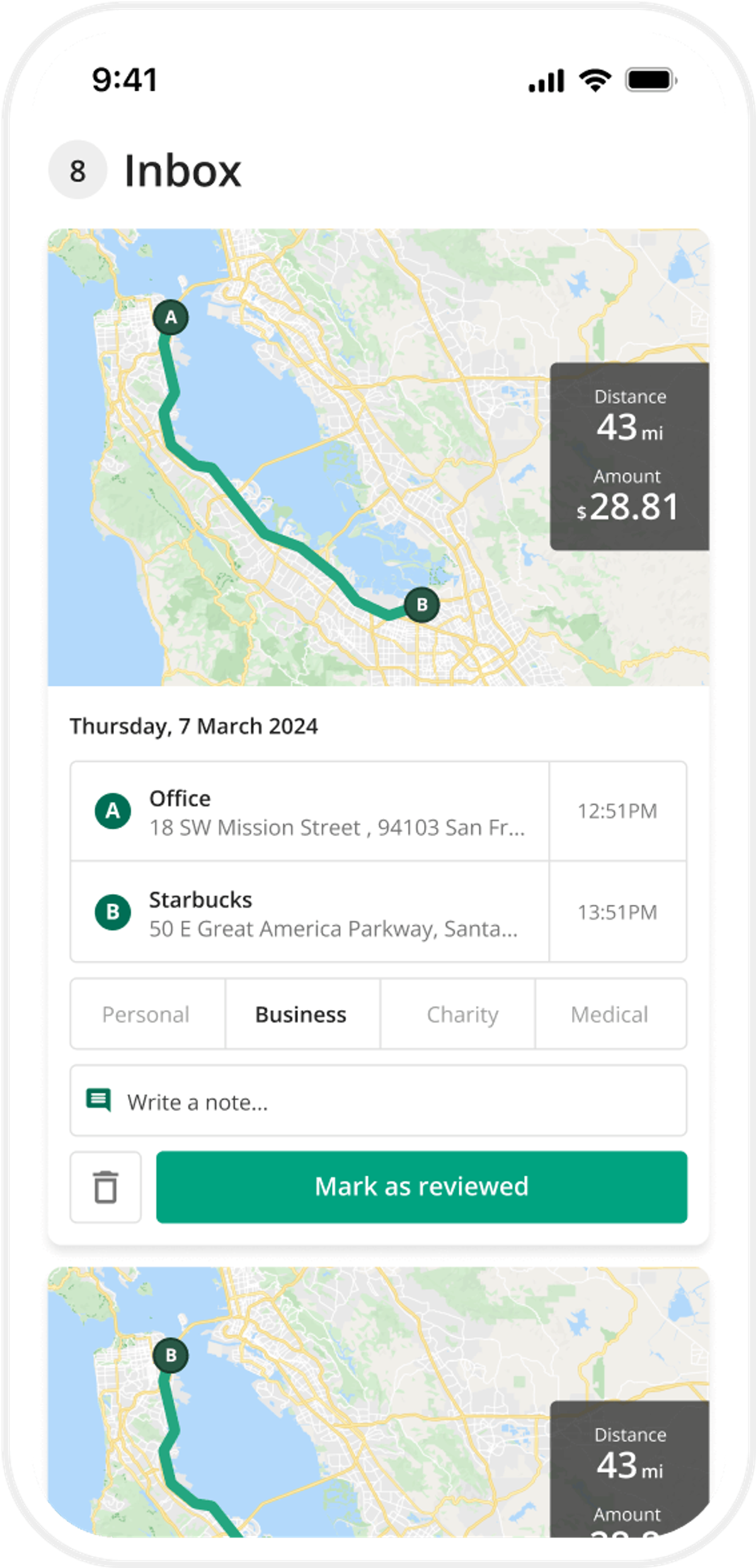 Example of Driversnotes app interface route and map