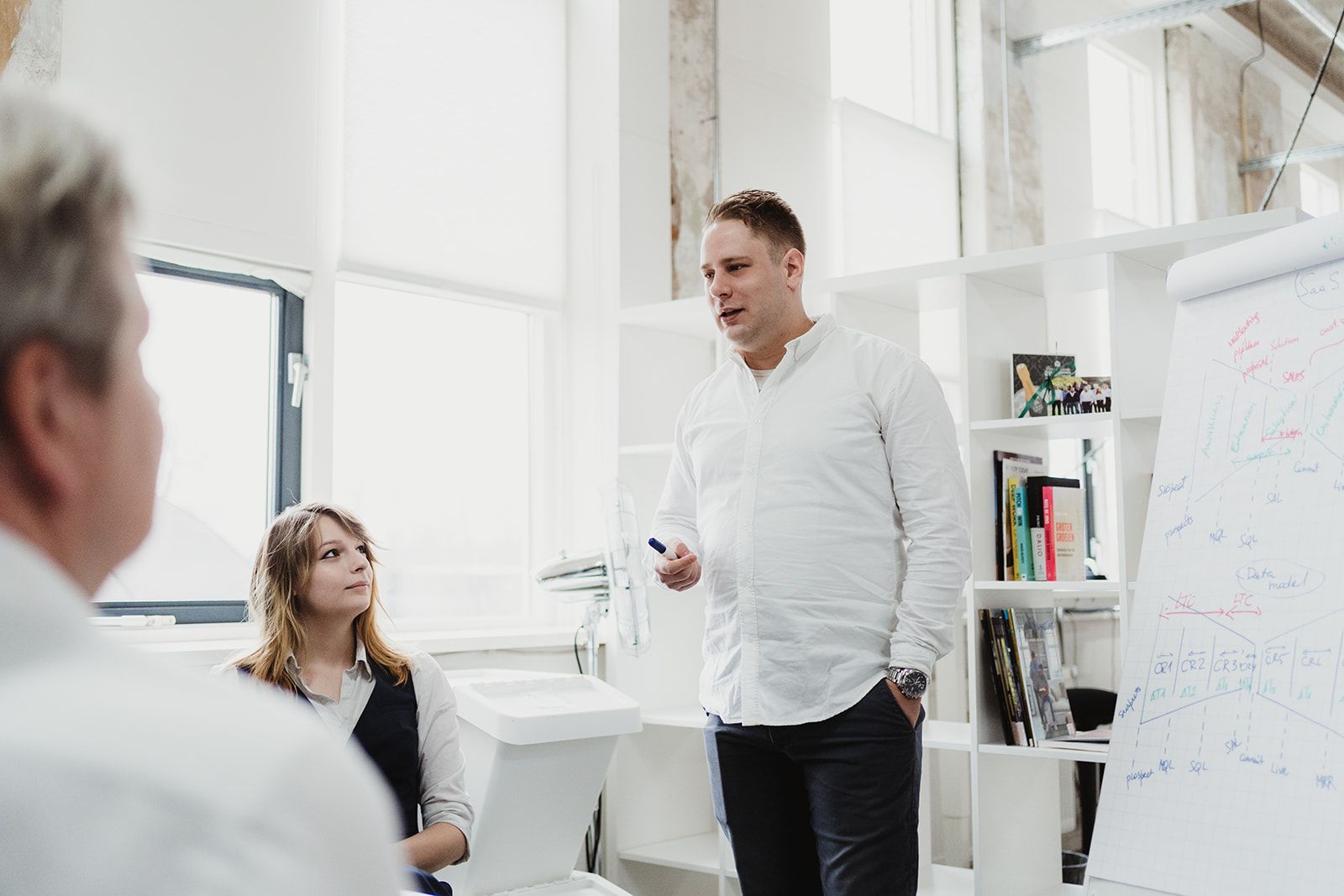 Man in a white shirt presenting at a flip chart to two colleagues in a bright office