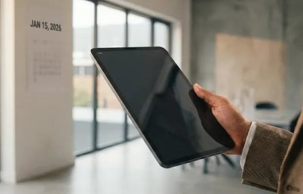 HR-Fachkraft prüft einen digitalen Hintergrundprüfungsbericht auf einem Tablet mit globaler Datenvisualisierung.