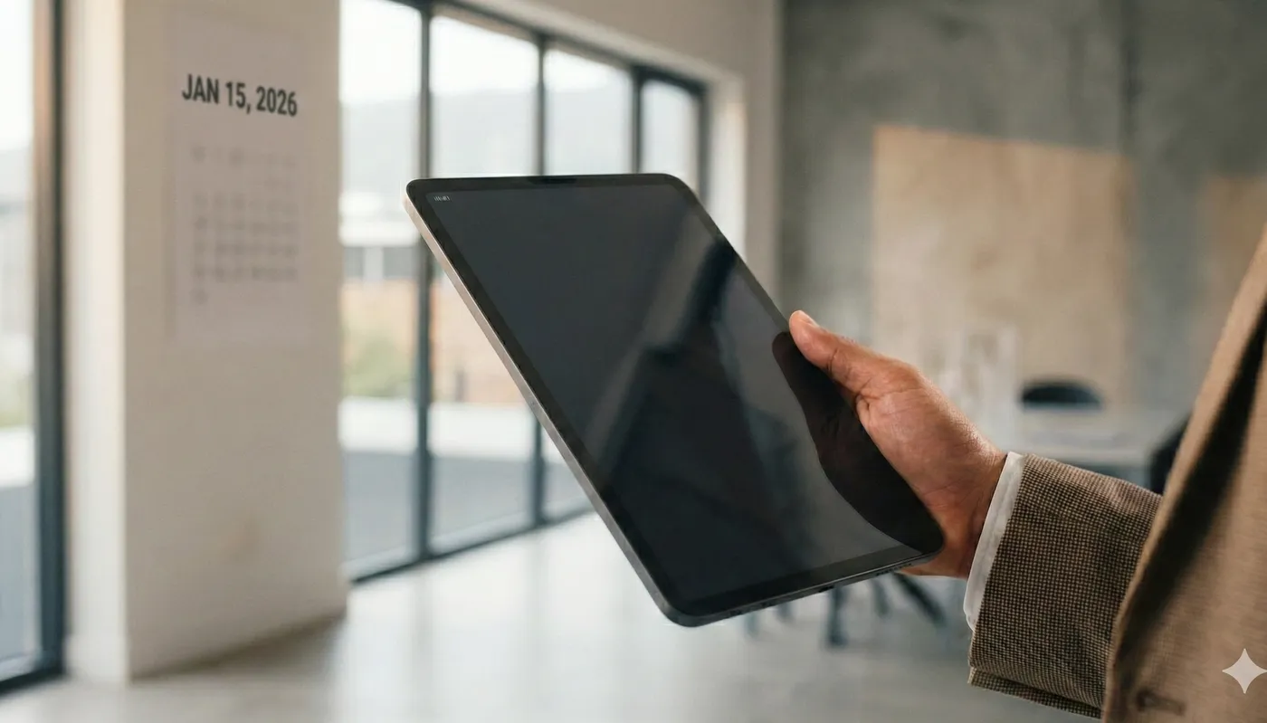 HR-Fachkraft prüft einen digitalen Hintergrundprüfungsbericht auf einem Tablet mit globaler Datenvisualisierung.