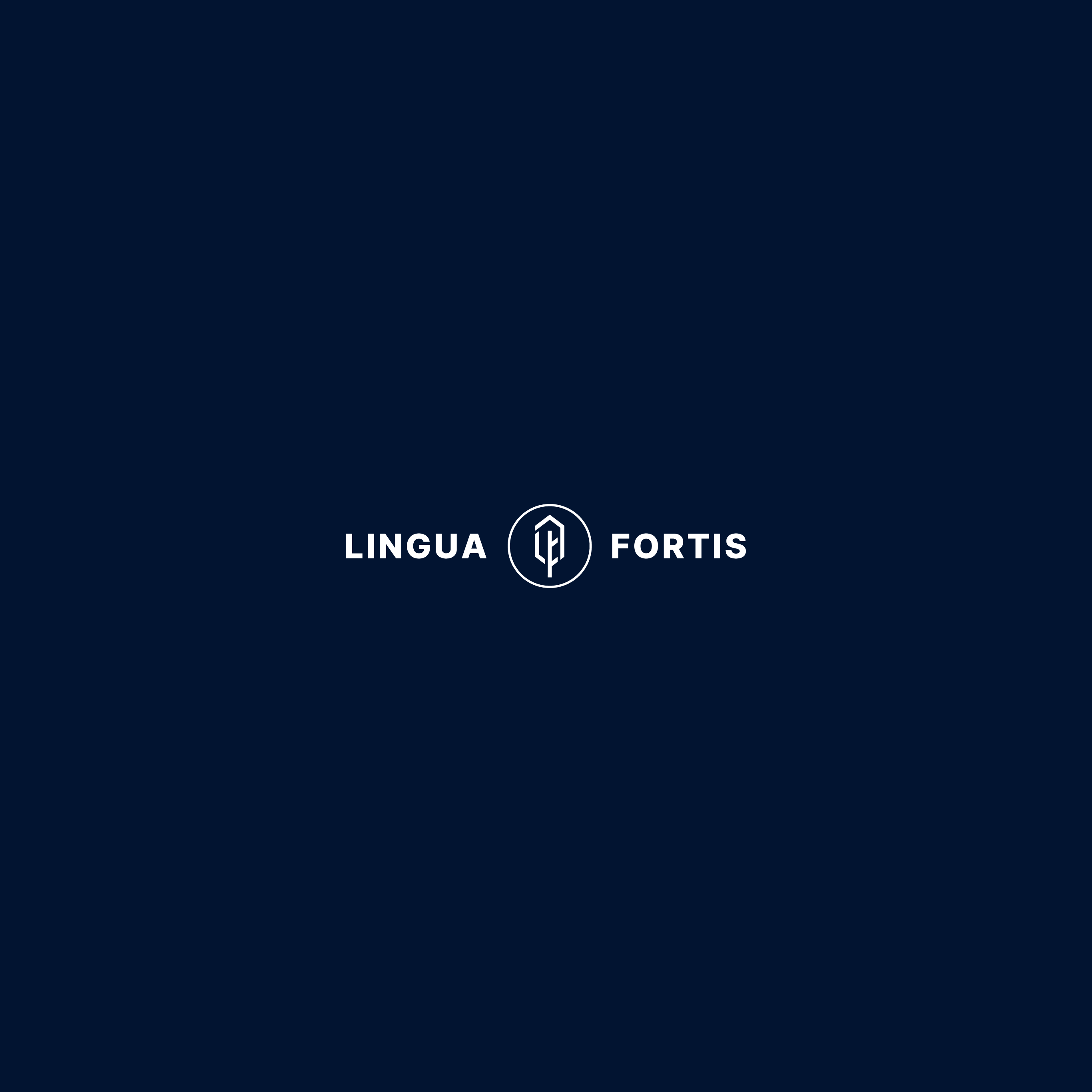 The Lingua Fortis logo on a navy blue background.