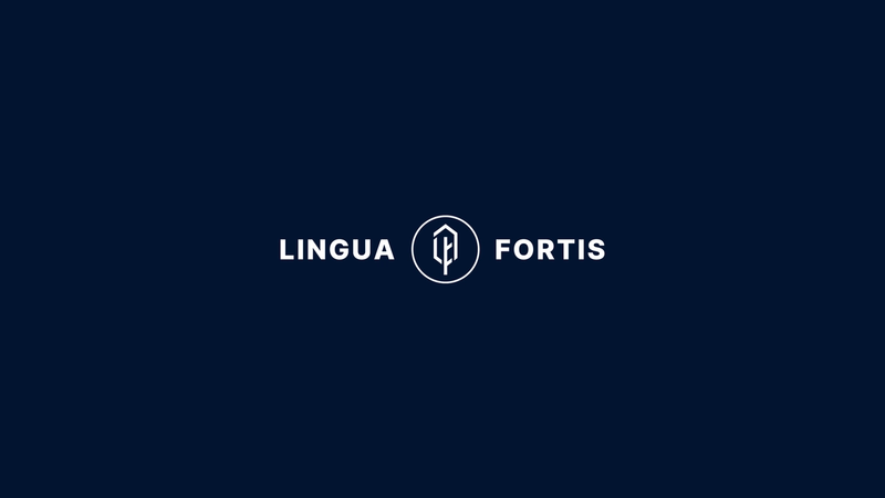 The Lingua Fortis logo on a navy blue background.