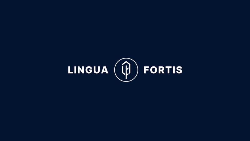 The Lingua Fortis logo on a navy blue background.
