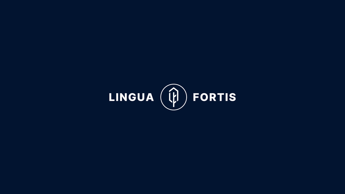 The Lingua Fortis logo on a navy blue background.