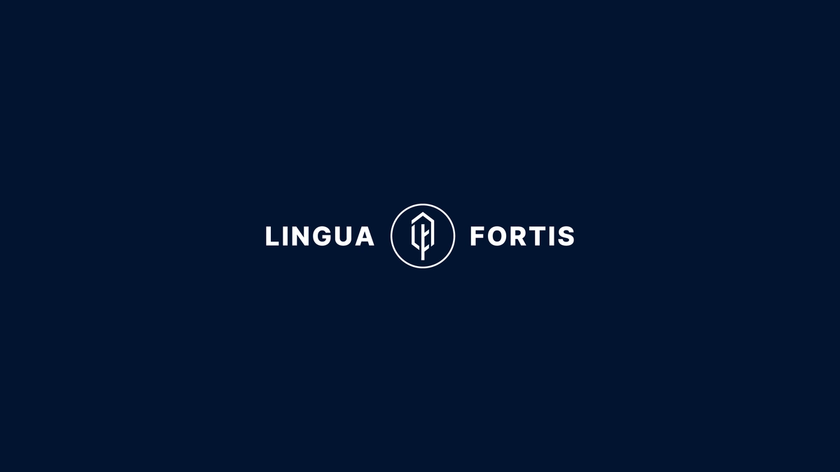 The Lingua Fortis logo on a navy blue background.