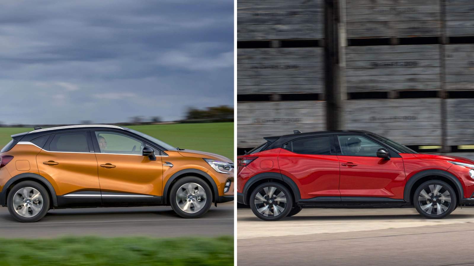 Orange Renault Captur and red Nissan Juke with black roof side on
