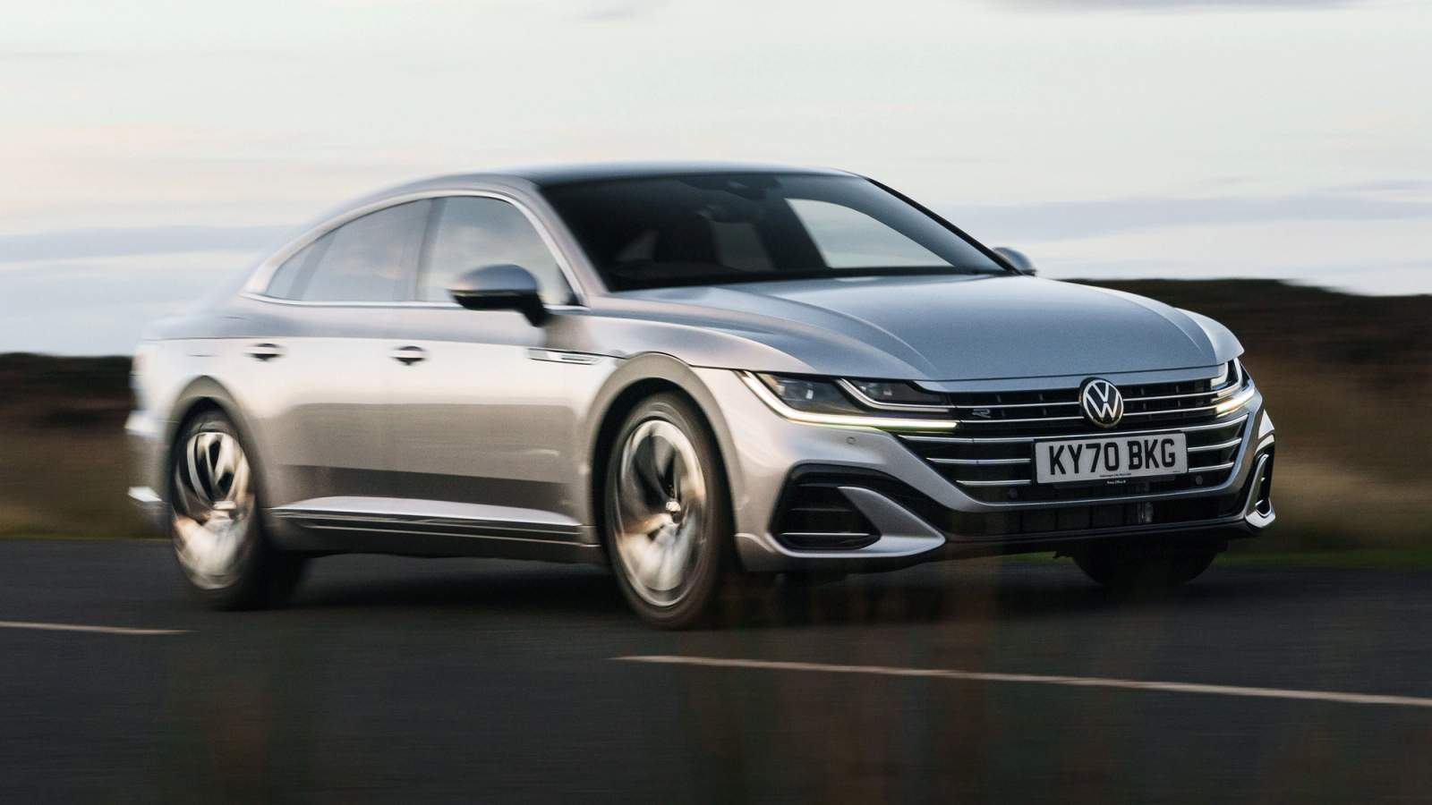 Silver VW Arteon driving in Wales