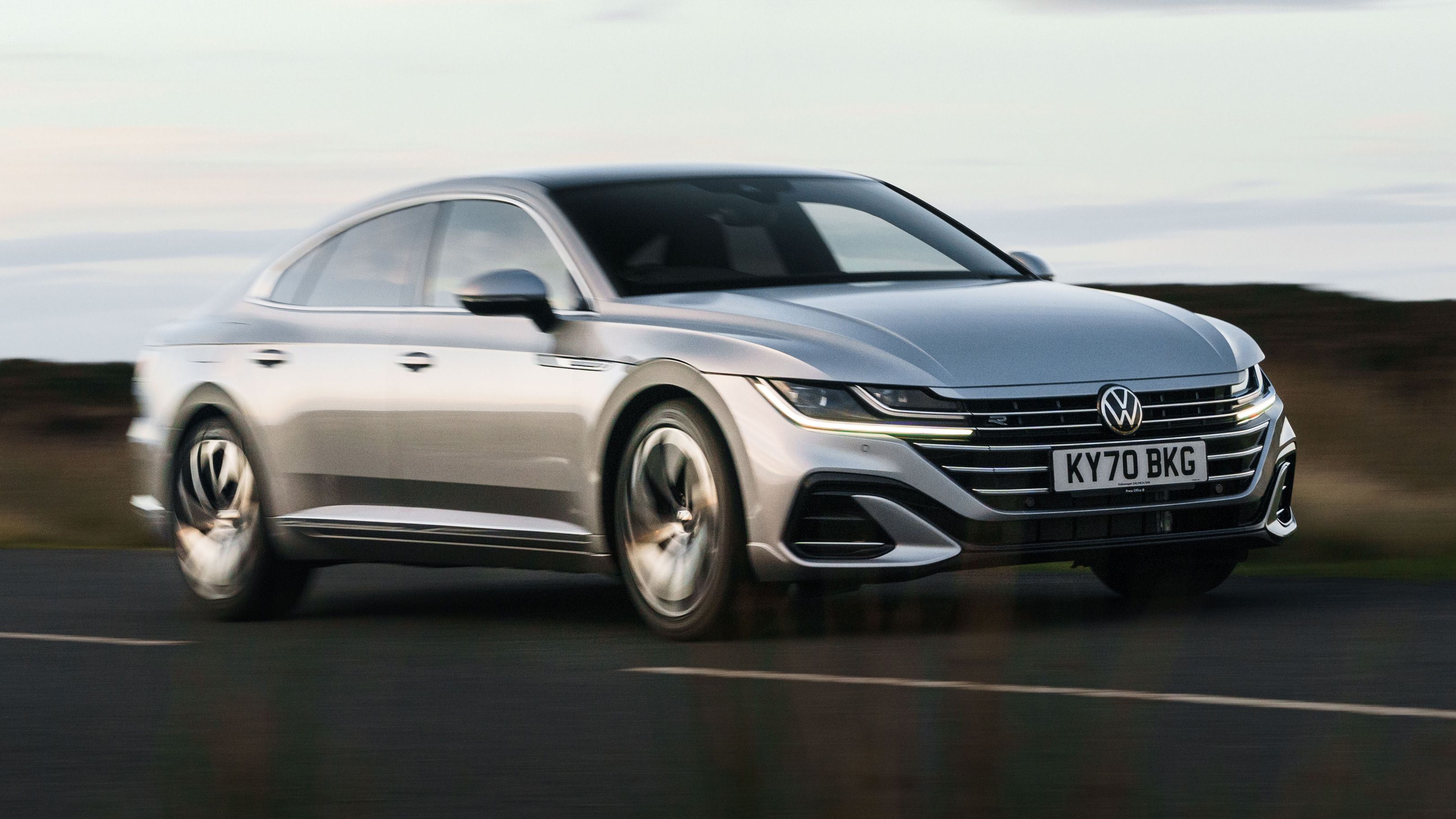 Silver VW Arteon driving in Wales