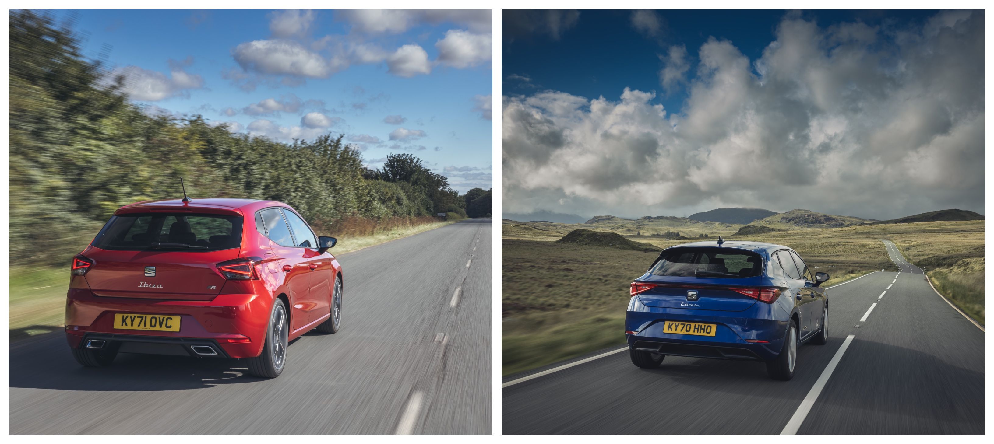 Seat Ibiza (left) and Seat Leon (right) driving