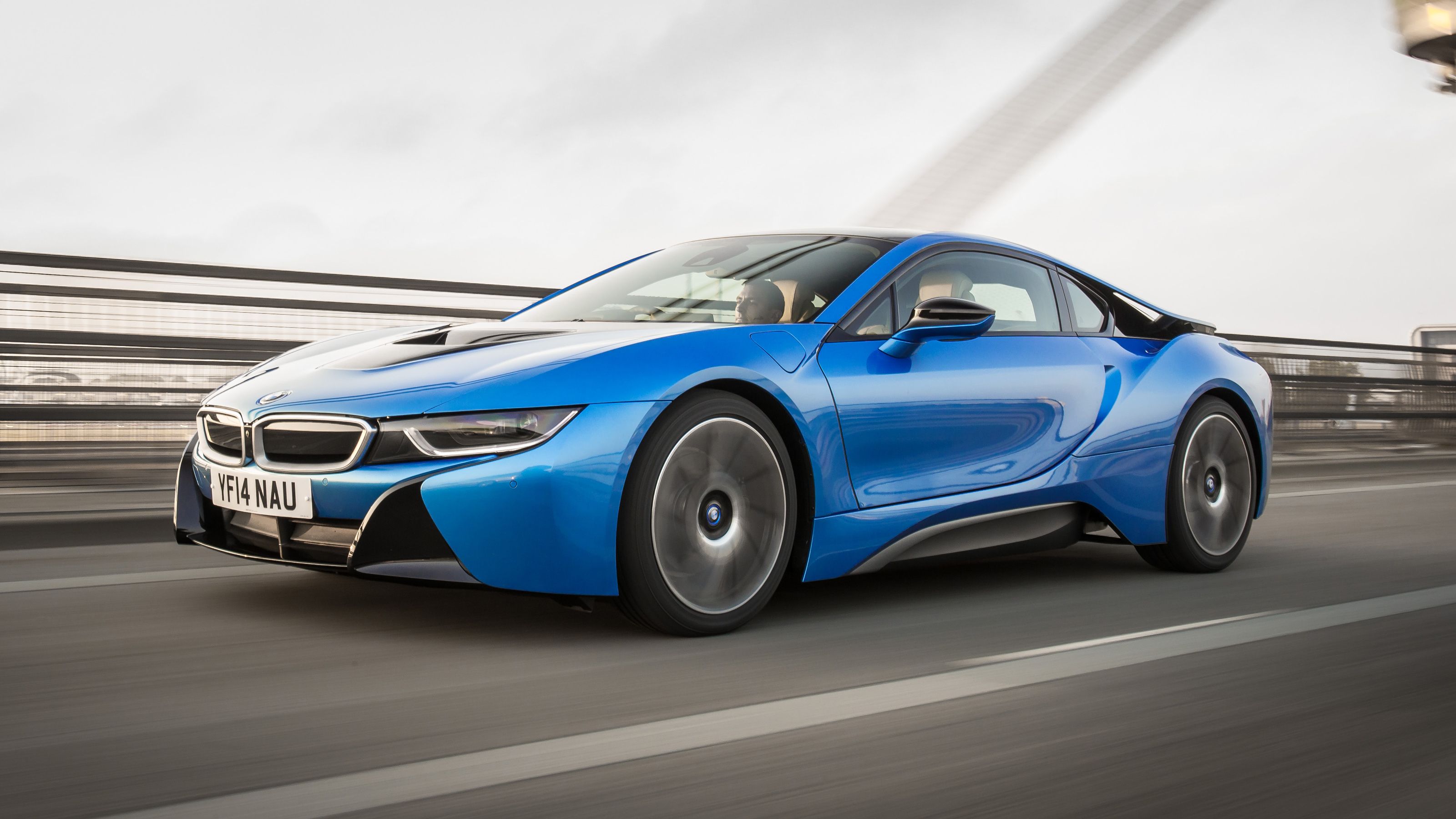 Blue BMW i8 front driving