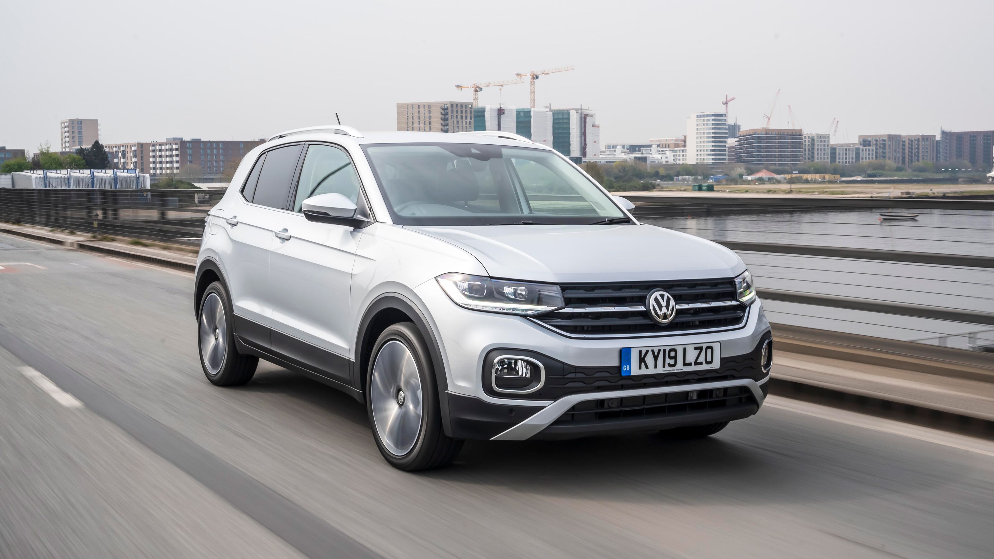 Silver Volkswagen T-Cross front driving