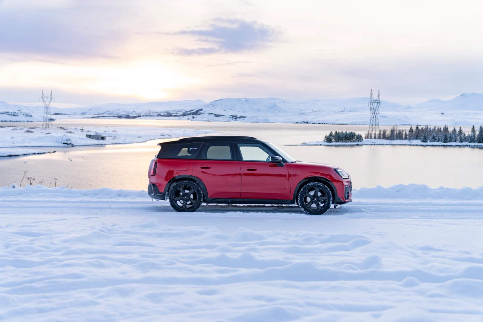 snowy red car