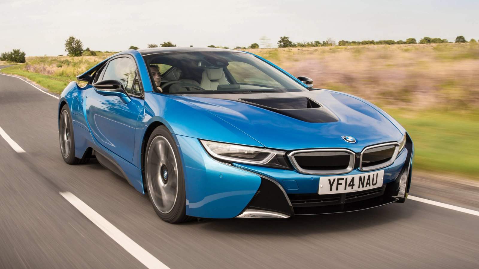 Blue BMW i8 driving