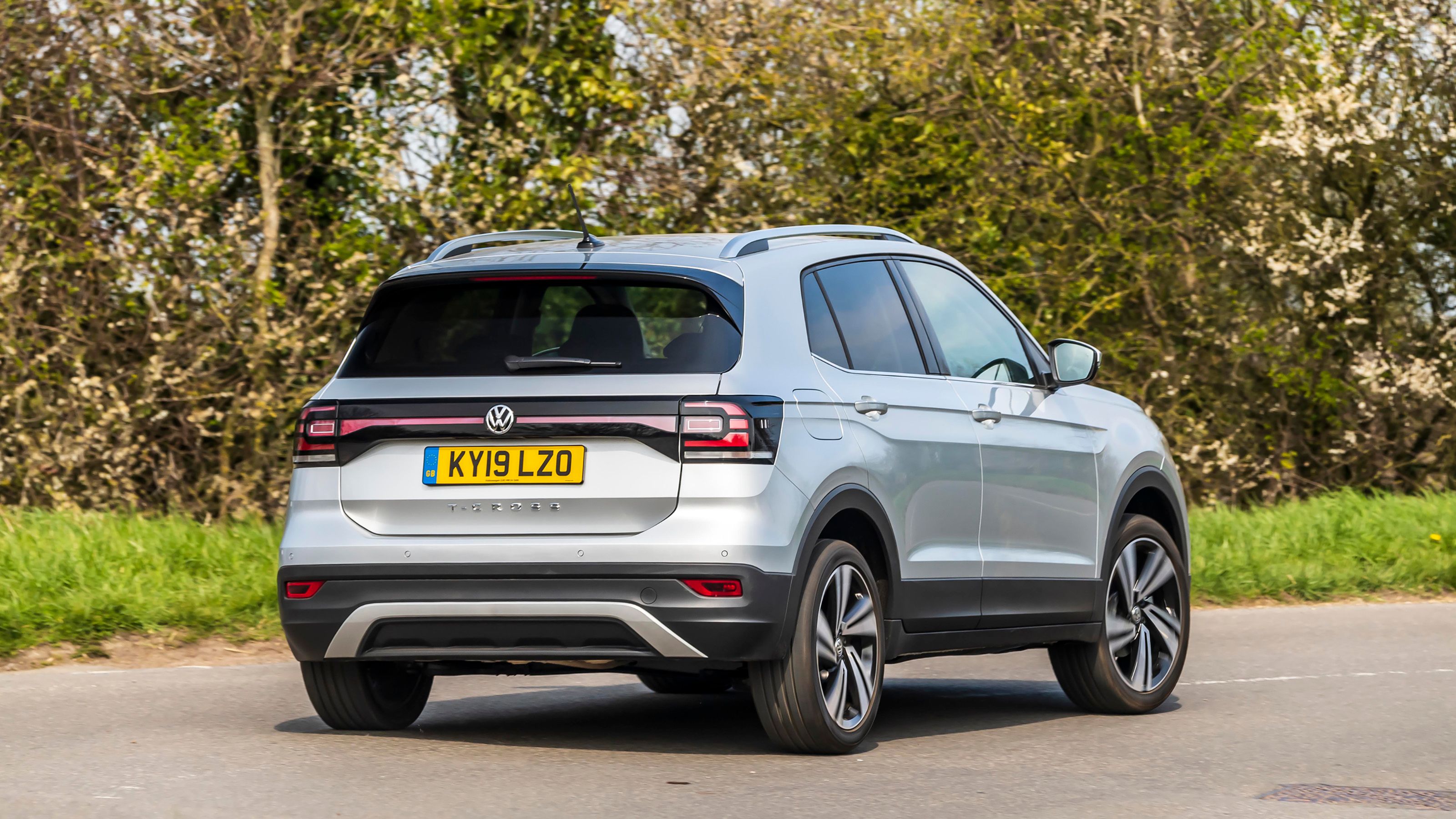 Silver Volkswagen T-Cross rear driving