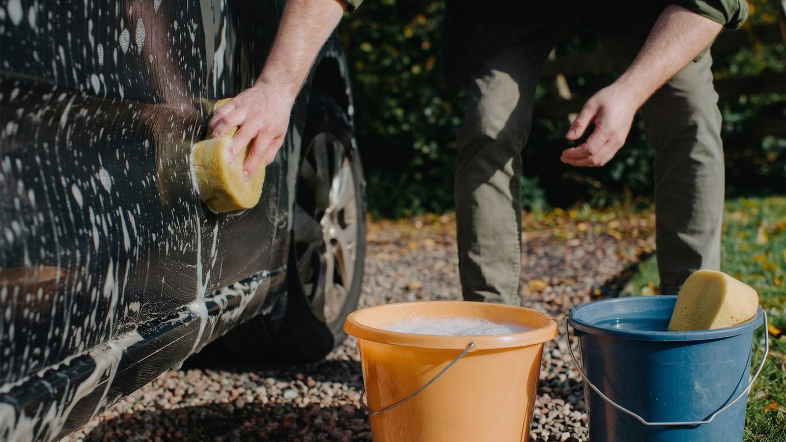 Using two buckets to wash a car