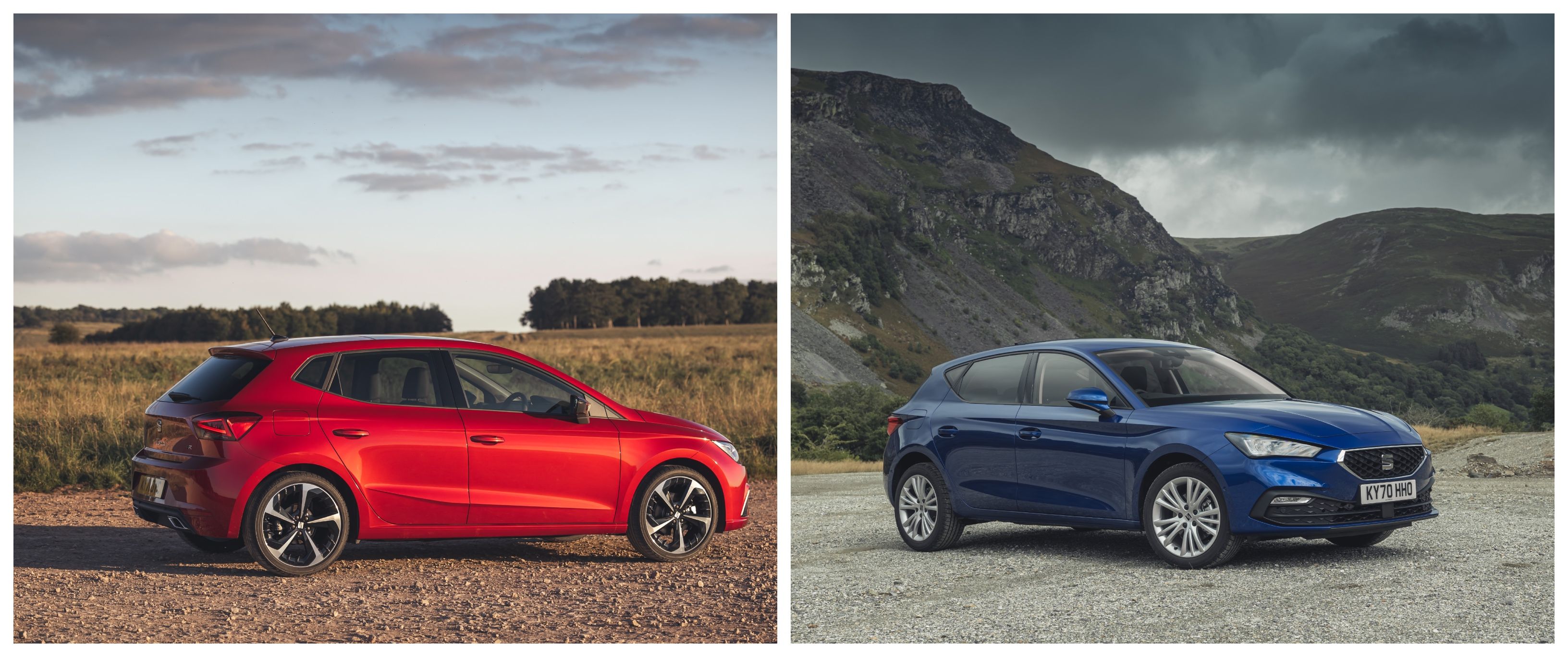 Red Seat Ibiza and Blue Seat Leon parked